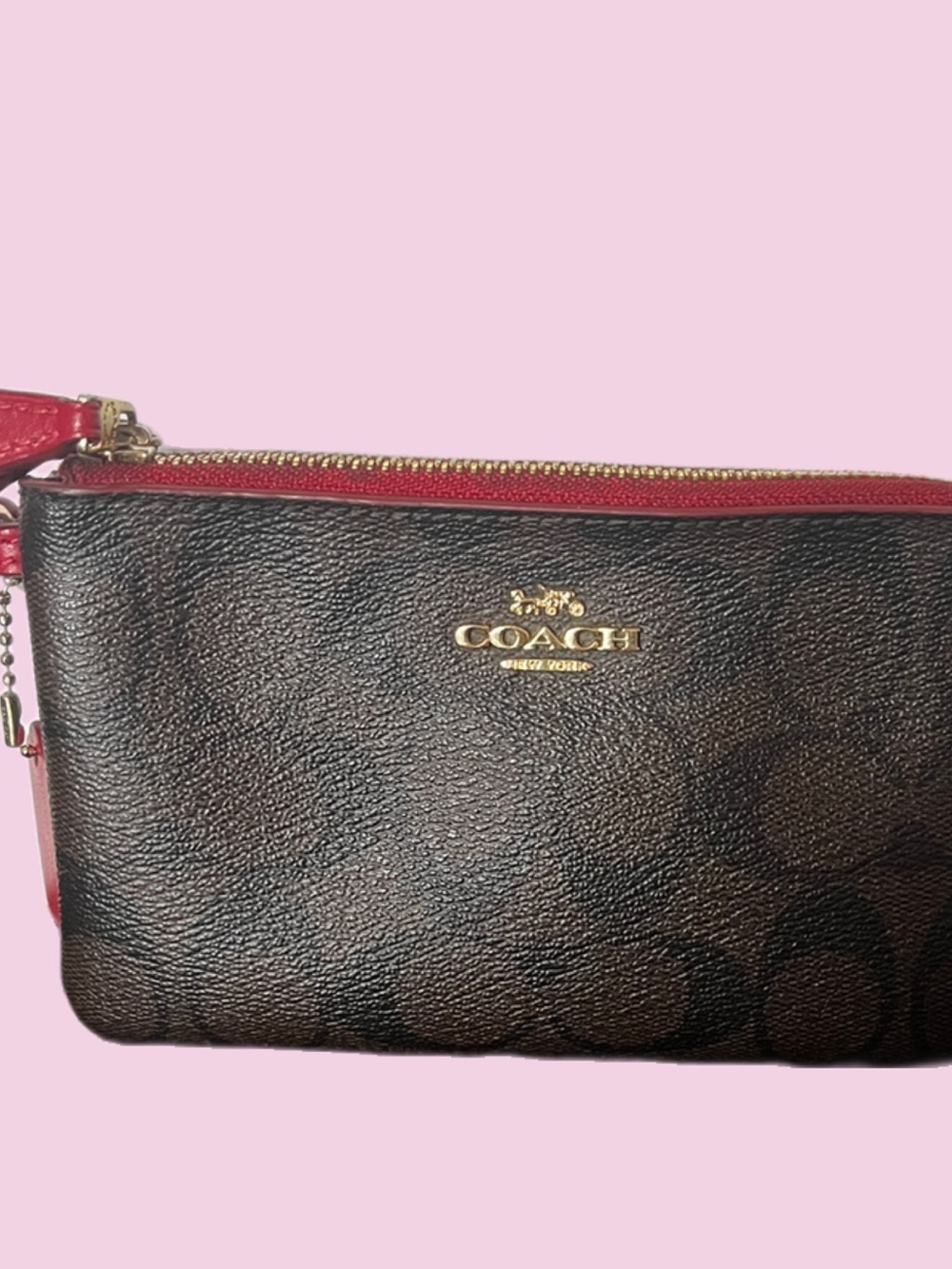 Coach Brown Signature Canvas Double Zipper Wristlet with Red Trim